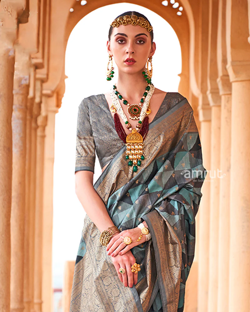 Blue Multicolor Zari Embellished Silk Saree with Unstitched Blouse - Image 2