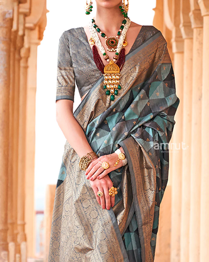 Blue Multicolor Zari Embellished Silk Saree with Unstitched Blouse - Image 3