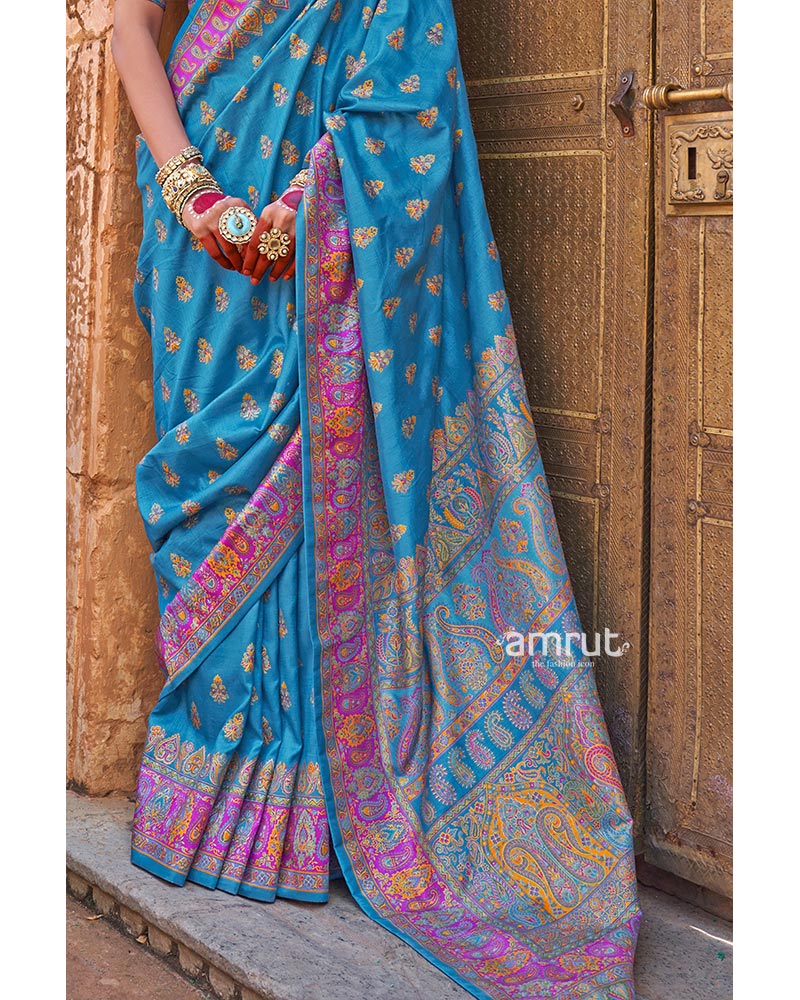 Blue Pashmina Silk Saree Embellished Traditional Buti Design and Border with Unstitched Blouse - Image 3