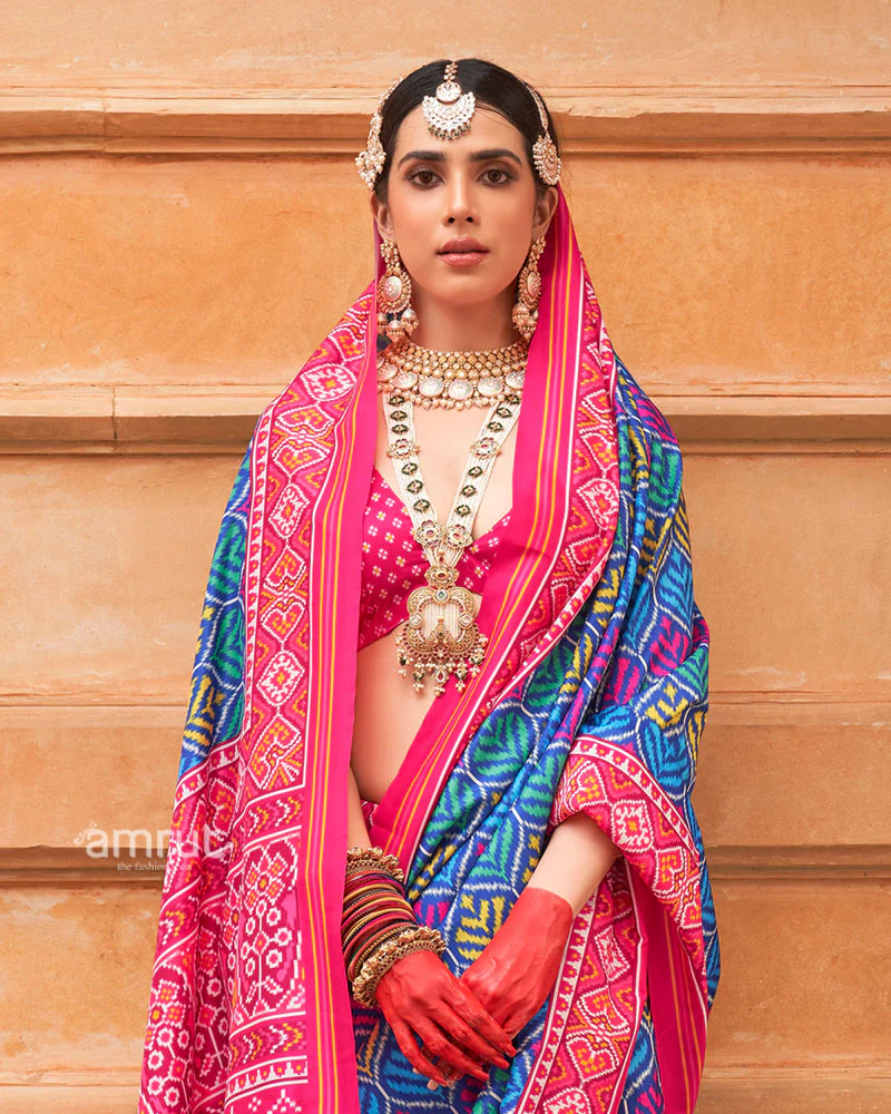 Blue Patola Printed Saree with Pink Zari Border and Unstitched Blouse - Image 2