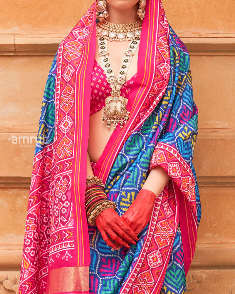 Blue Patola Printed Saree with Pink Zari Border and Unstitched Blouse - Image 3