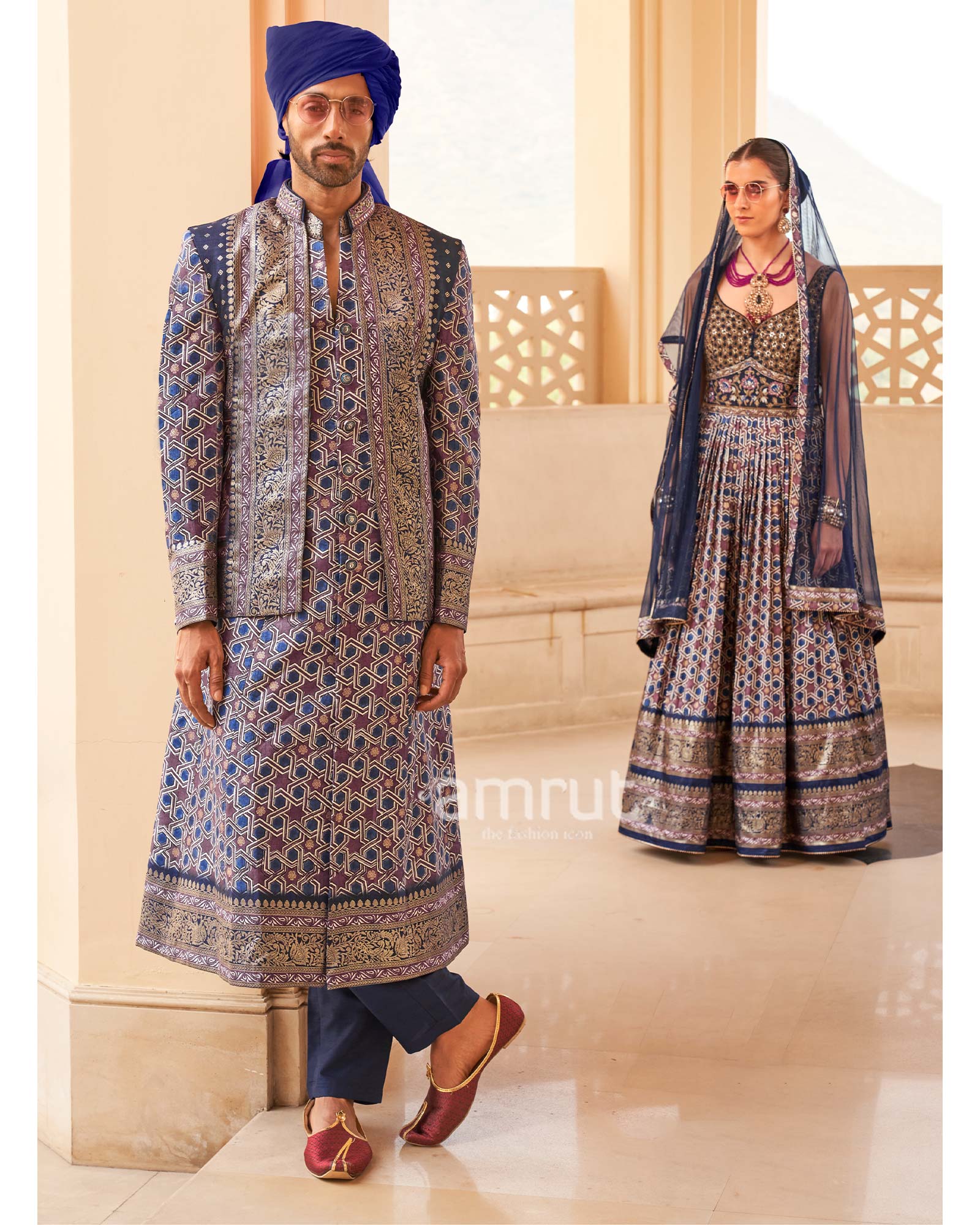 Blue Printed Anarkali Dress and Men Kurta Set with Zari Work Coat - Image 3