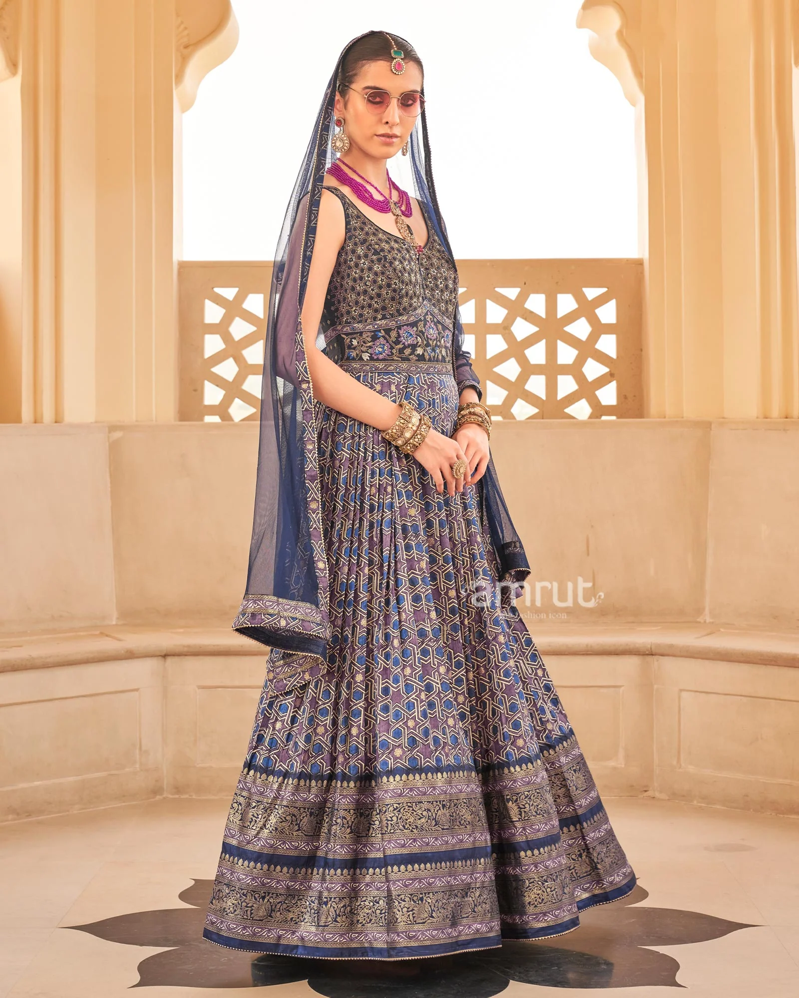 Blue Printed Anarkali Dress and Men Kurta Set with Zari Work Coat - Image 4