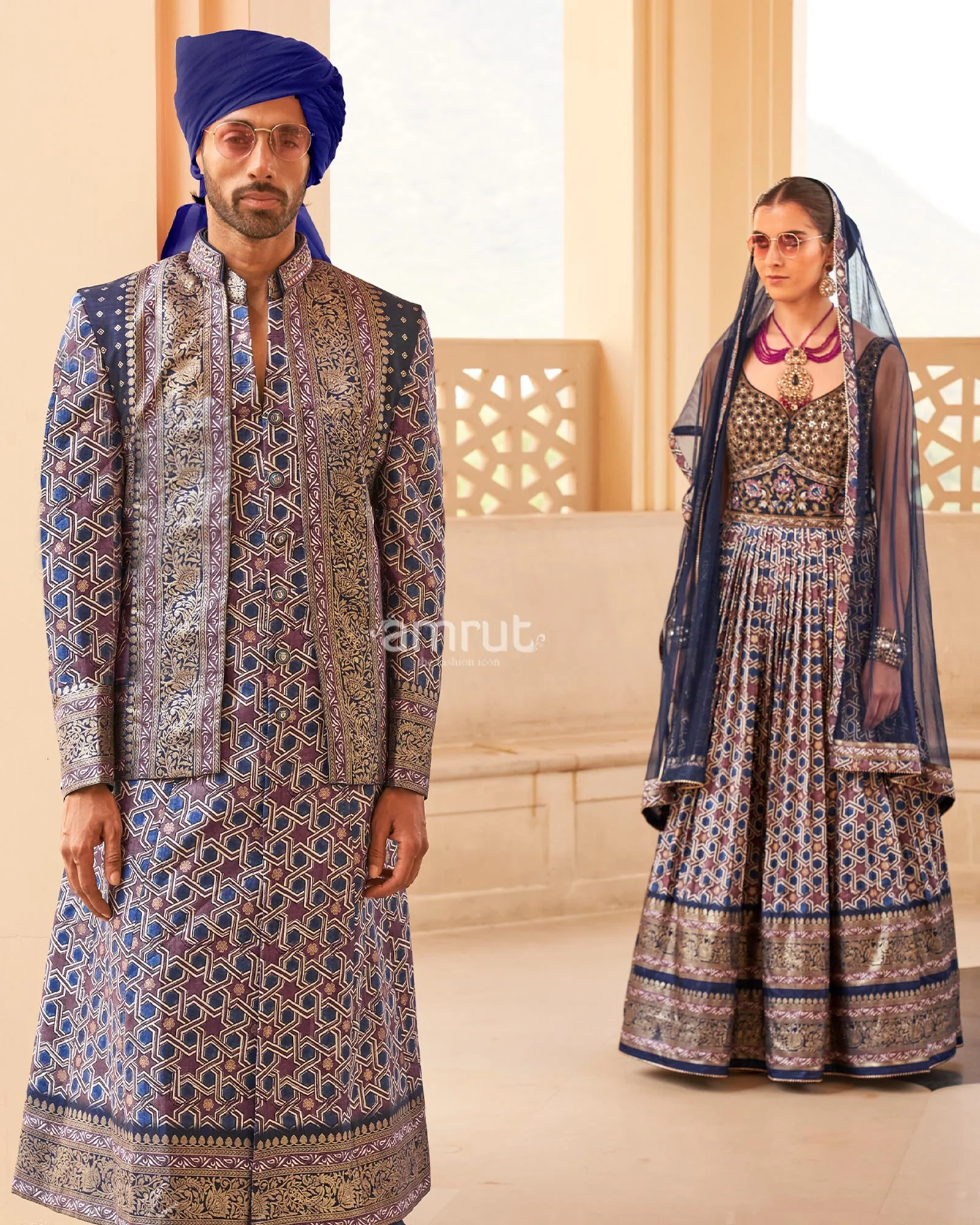Blue Printed Anarkali Dress and Men Kurta Set with Zari Work Coat - Image 5