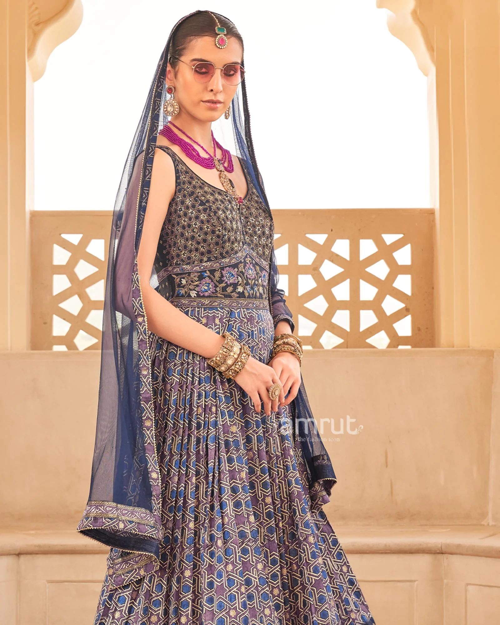 Blue Printed Anarkali Dress and Men Kurta Set with Zari Work Coat - Image 6
