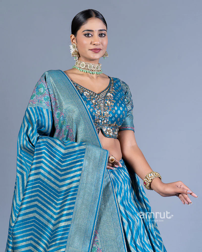 Blue Printed Lehenga Choli and Dupatta - Image 2