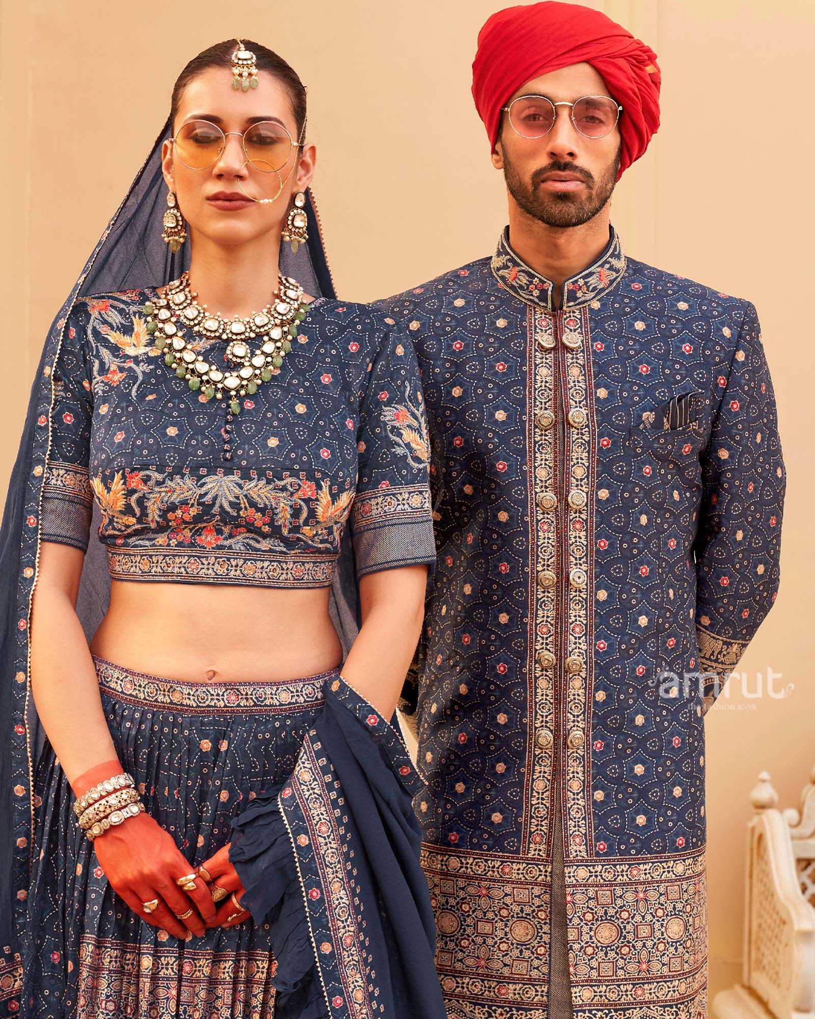 Blue Printed Lehenga Set and Men Kurta Set - Image 2