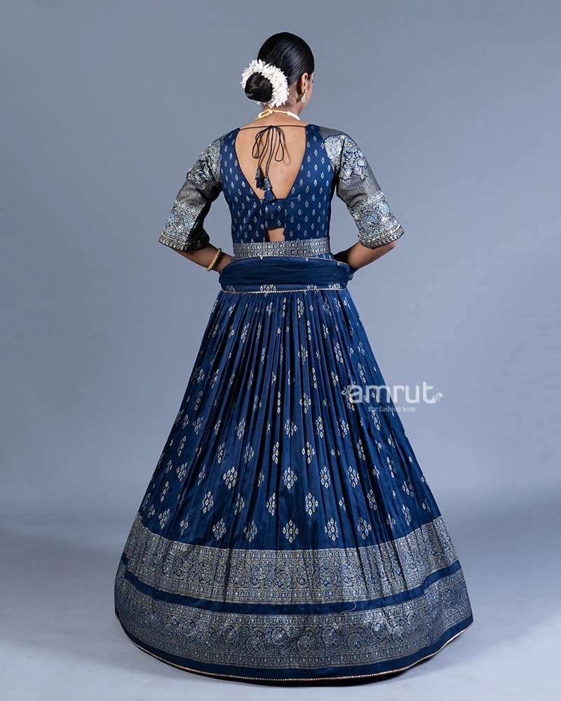 Blue Red Pleated Gown with Golden Embroidery and Dupatta - Image 3