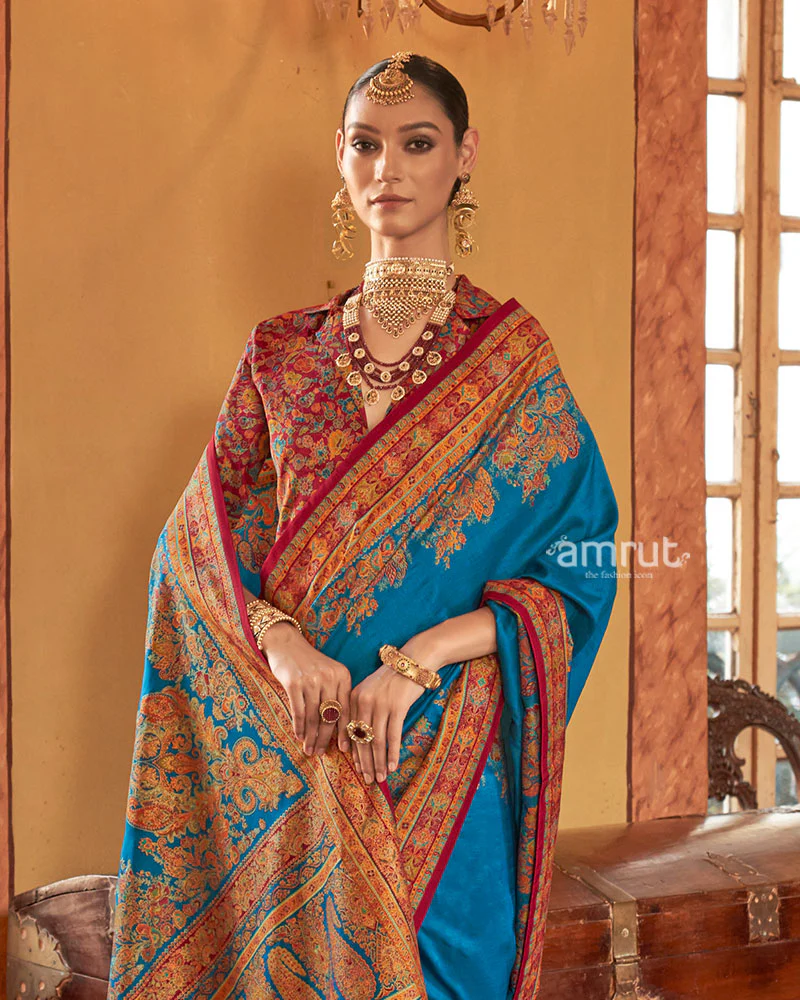 Blue Saree with Multicolored Paisley Print and Unstitched Blouse - Image 2