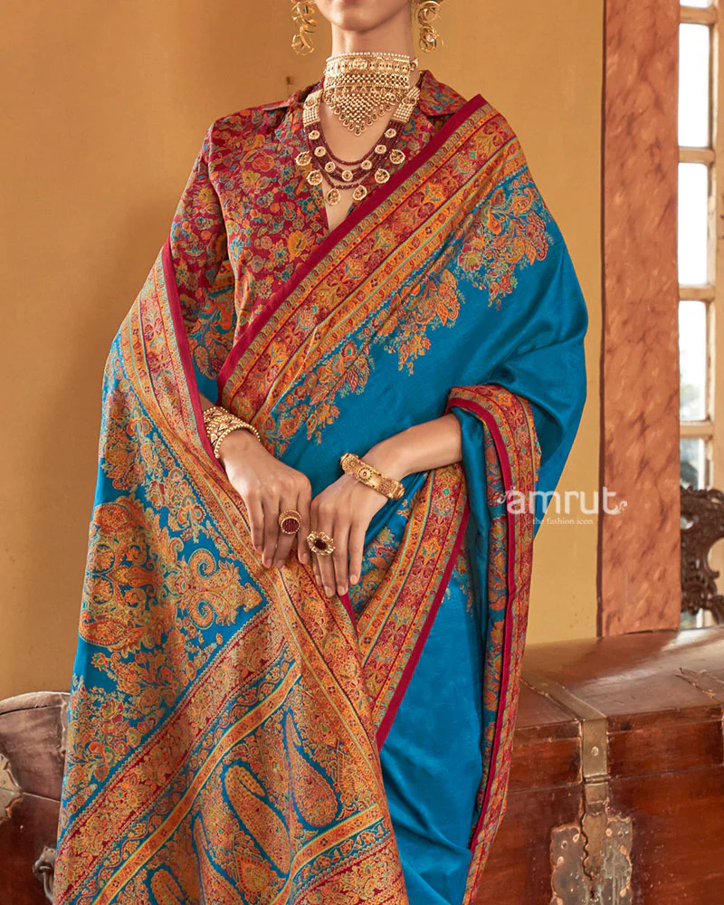 Blue Saree with Multicolored Paisley Print and Unstitched Blouse - Image 3