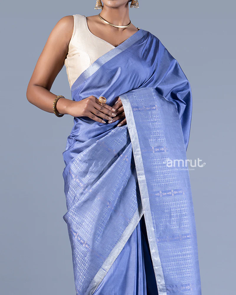 Blue Silver-Gray Stripes Silk Saree with unstitched blouse - Image 3