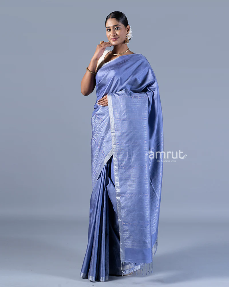 Blue Silver-Gray Stripes Silk Saree with unstitched blouse - Image 4