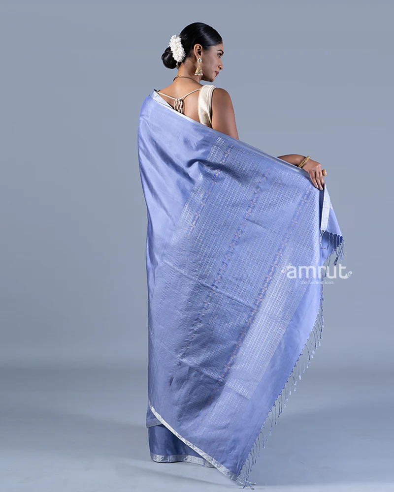 Blue Silver-Gray Stripes Silk Saree with unstitched blouse - Image 5