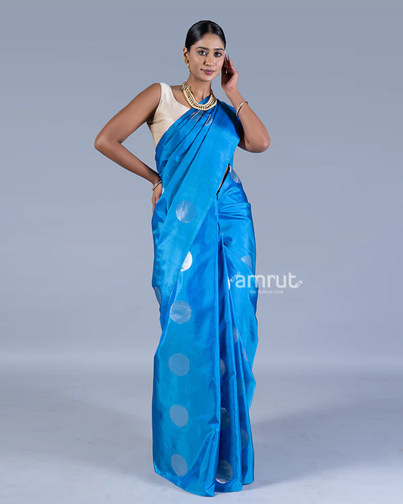 Blue Silver Zari Woven Round Motifs Saree with unstitched blouse - Image 4