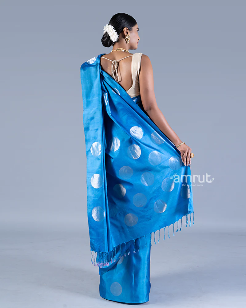 Blue Silver Zari Woven Round Motifs Saree with unstitched blouse - Image 5