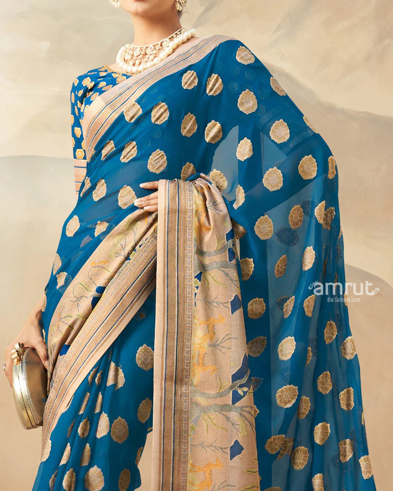 Blue with Golden Polka Dots Nature Inspired Print Border Georgette Saree and Unstitched Blouse - Image 3