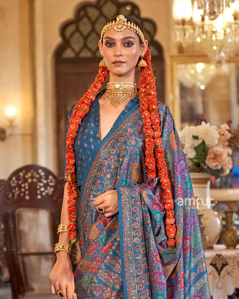 Blue with Multicolored Printed Saree and Unstitched Blouse - Image 2