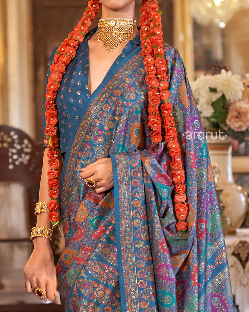 Blue with Multicolored Printed Saree and Unstitched Blouse - Image 3
