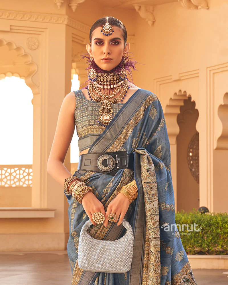Blue Zari Embellished Border Printed Silk Saree with Unstitched Blouse - Image 2