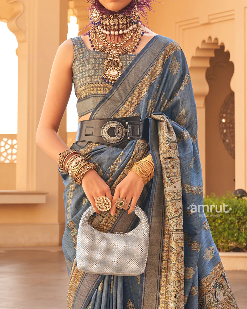 Blue Zari Embellished Border Printed Silk Saree with Unstitched Blouse - Image 3