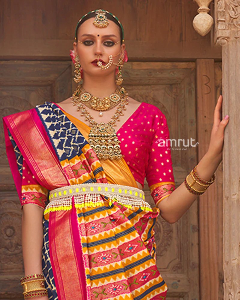 Blue Zari Woven Patola Silk Saree with Unstitched Blouse - Image 2