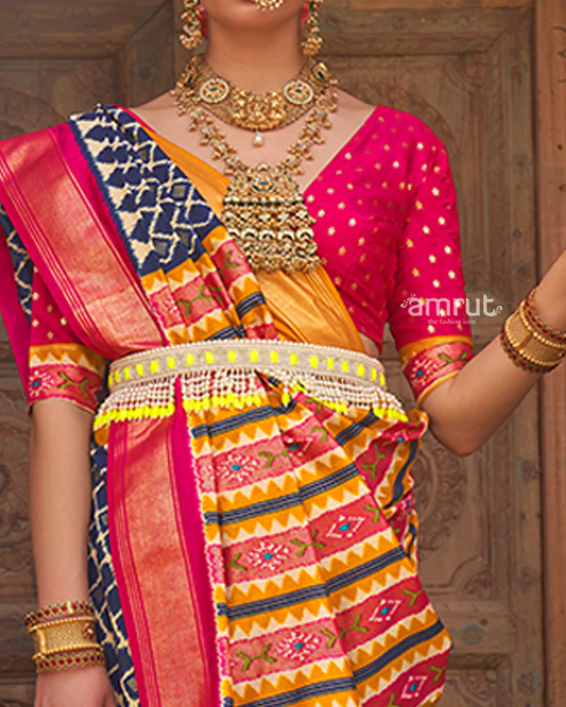 Blue Zari Woven Patola Silk Saree with Unstitched Blouse - Image 3