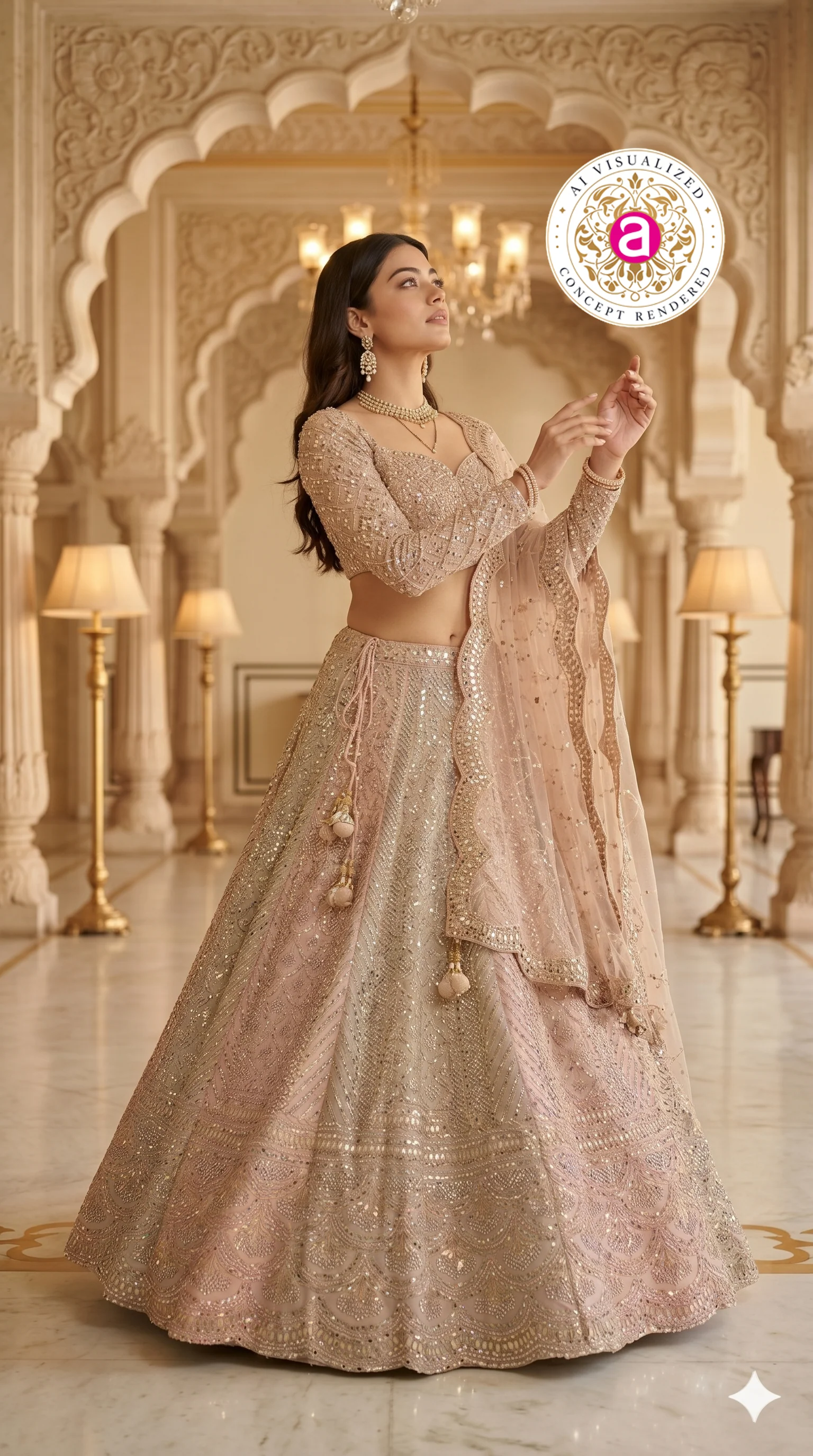 Blush Beige Designer Lehenga Set with Embellished Blouse and Net Dupatta - Image 2