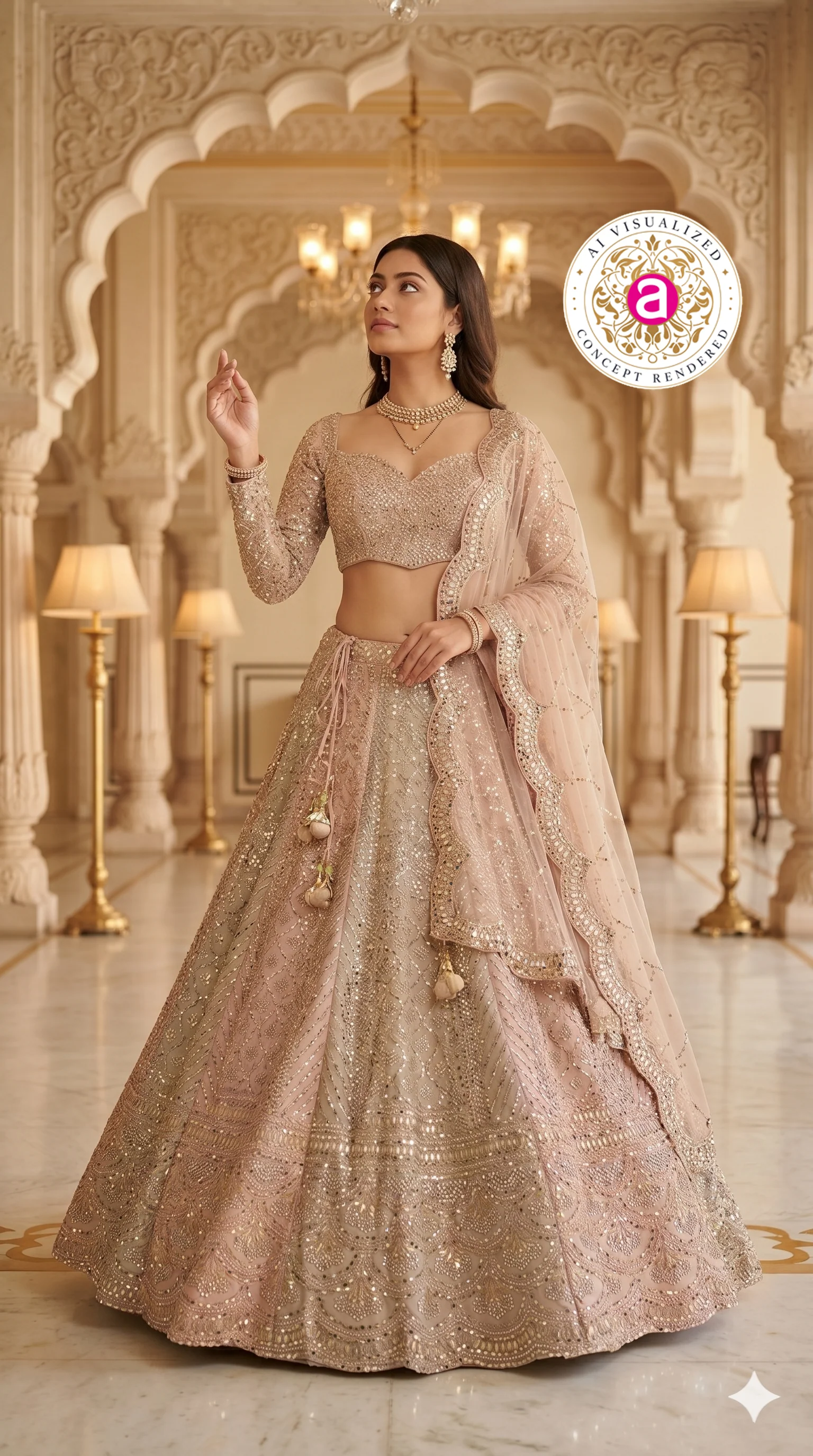 Blush Beige Designer Lehenga Set with Embellished Blouse and Net Dupatta - Image 3