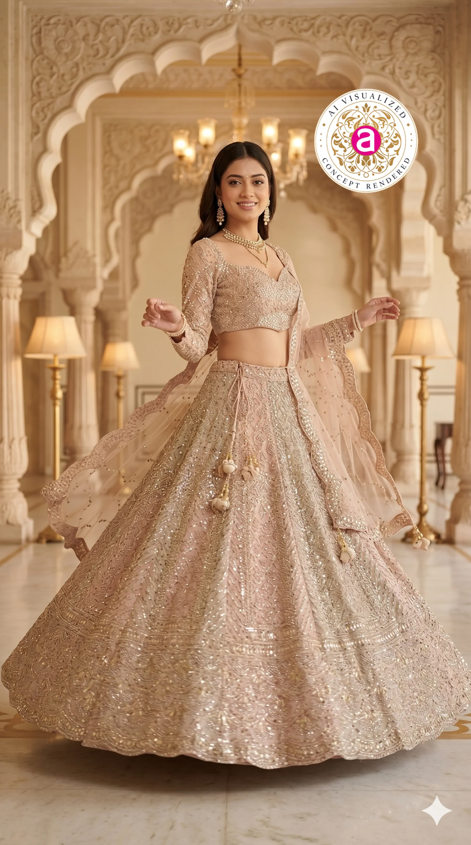 Blush Beige Designer Lehenga Set with Embellished Blouse and Net Dupatta - Image 4