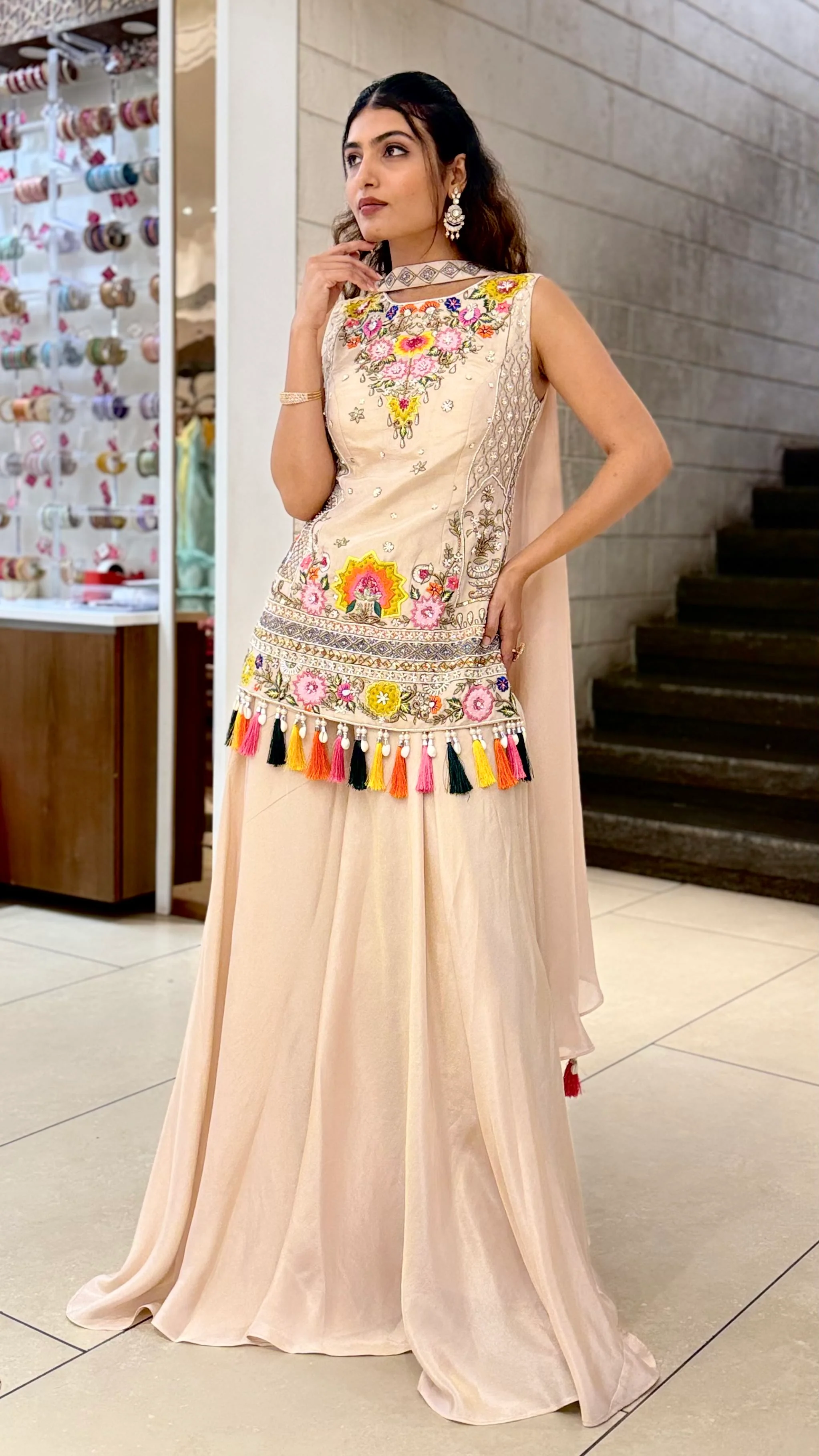 Blush Beige Embroidered Long Kurti with Palazzo Set - Image 3