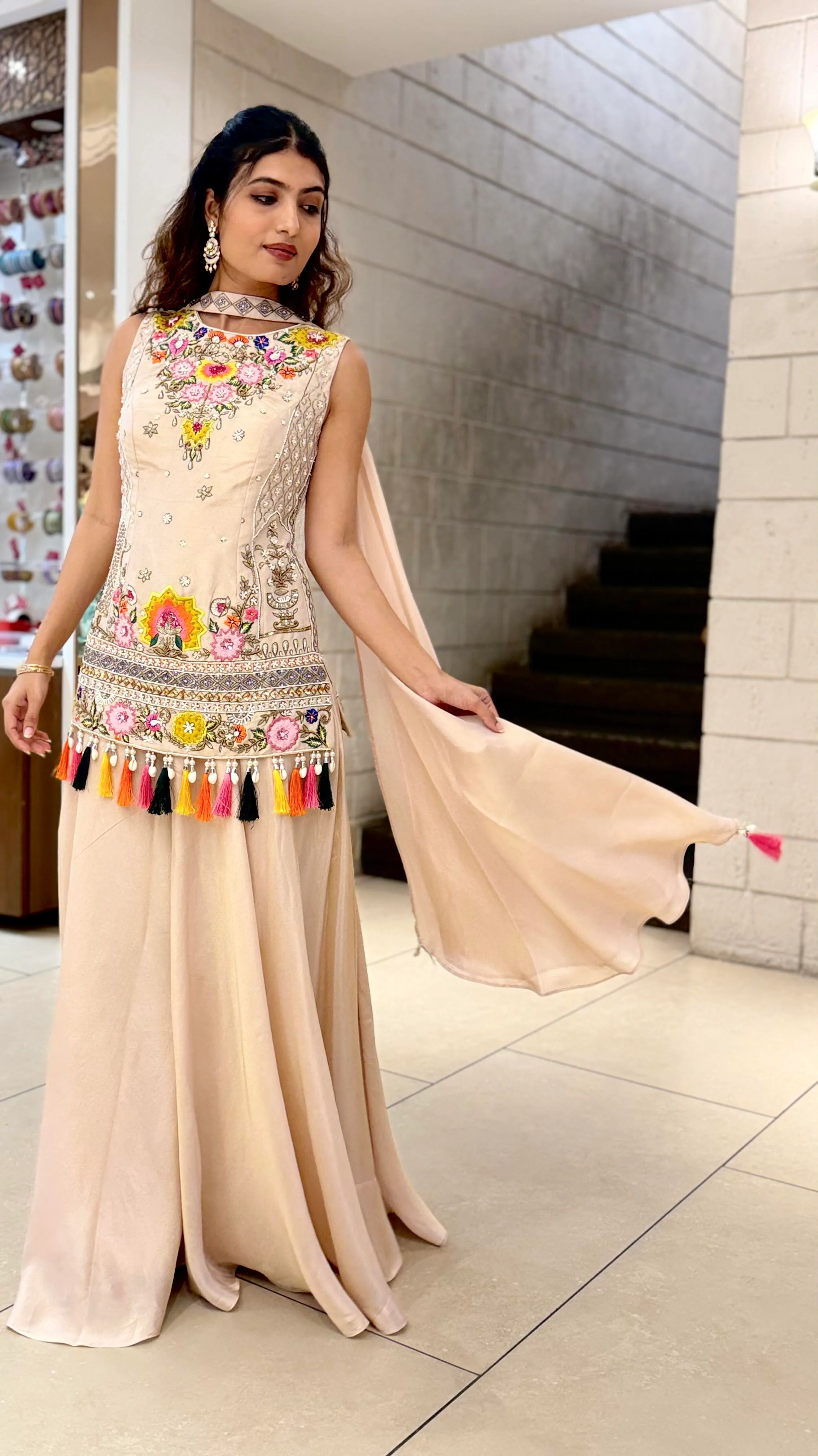 Blush Beige Embroidered Long Kurti with Palazzo Set - Image 4