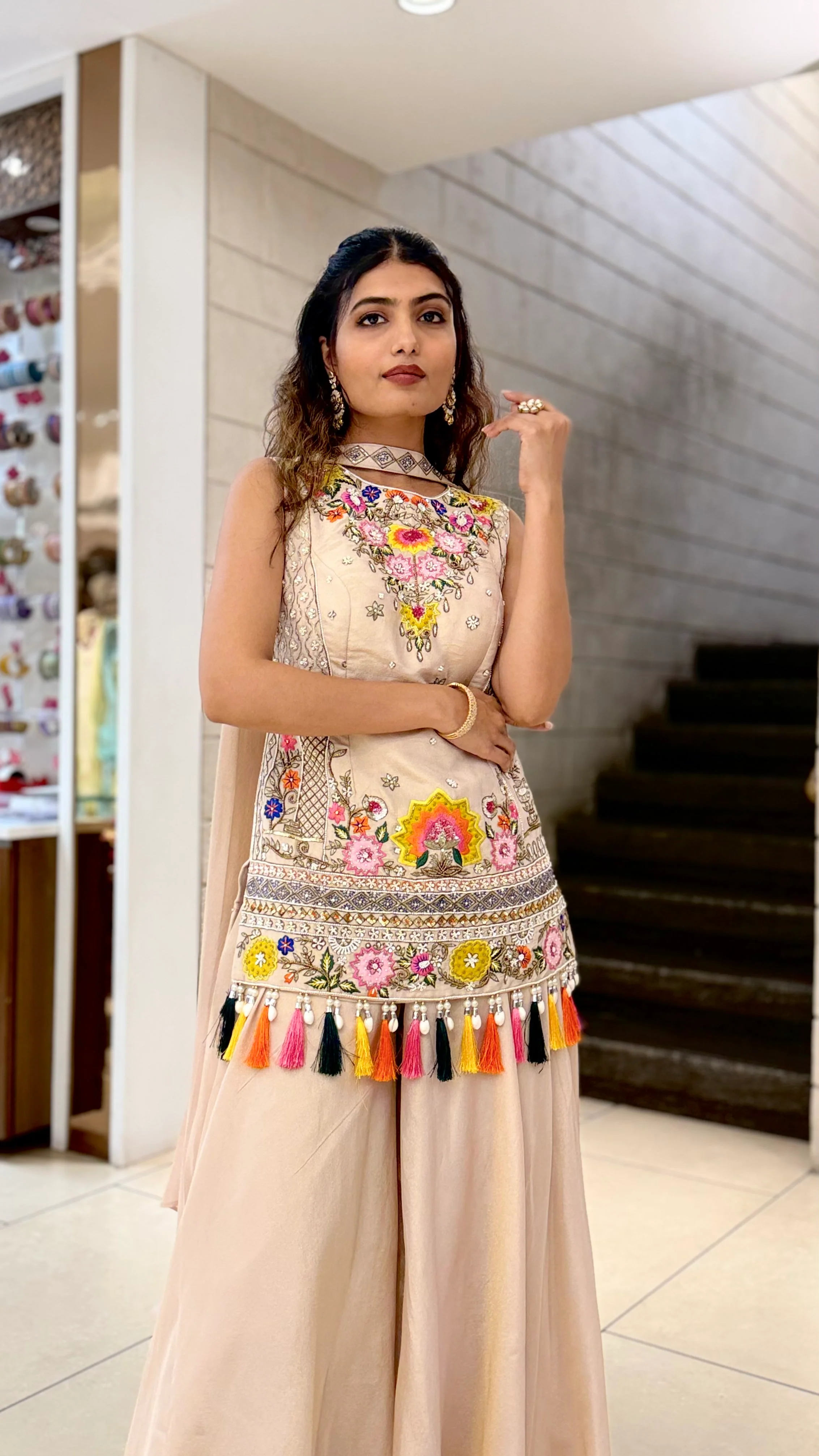 Blush Beige Embroidered Long Kurti with Palazzo Set - Image 5