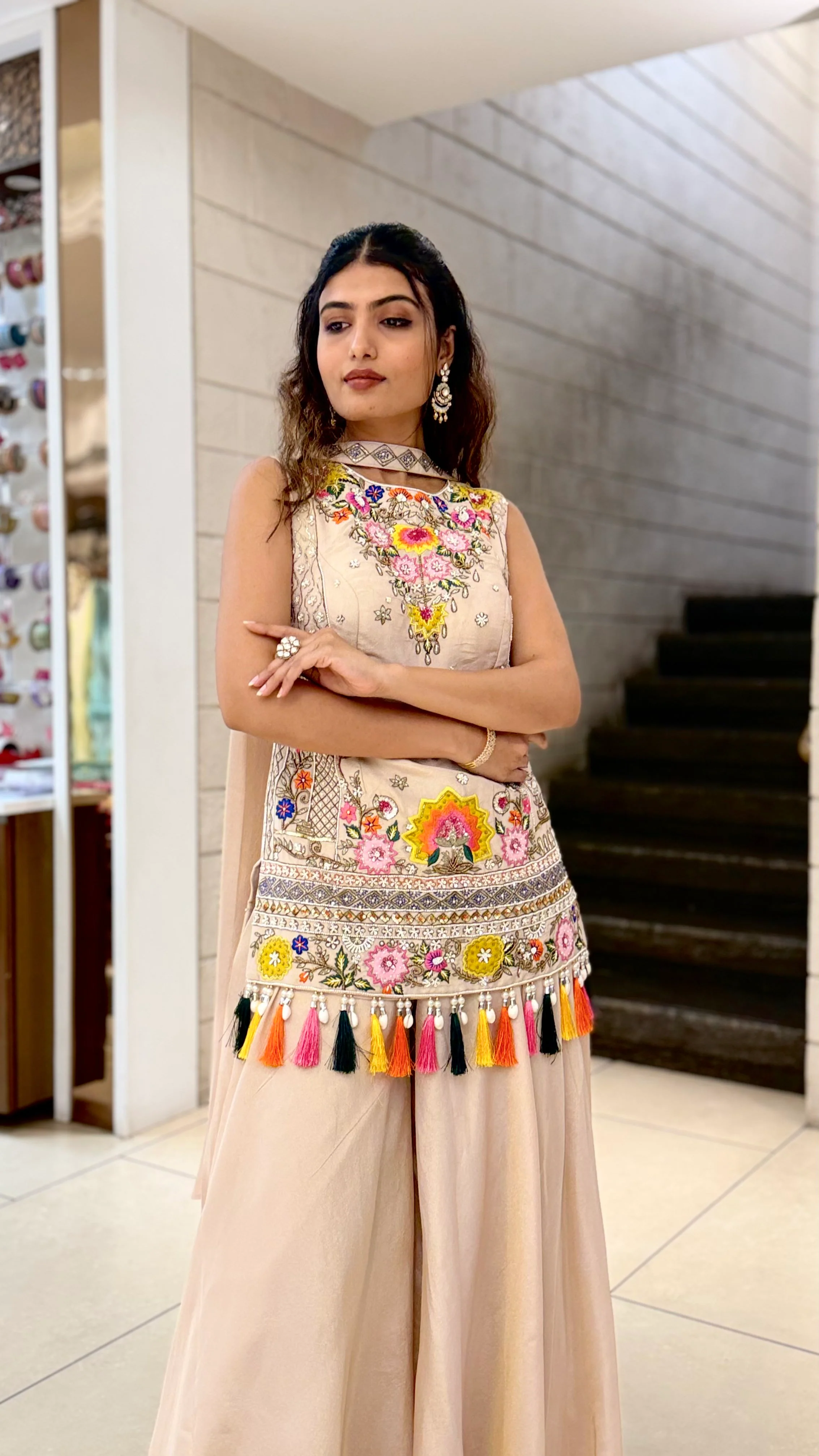 Blush Beige Embroidered Long Kurti with Palazzo Set - Image 6