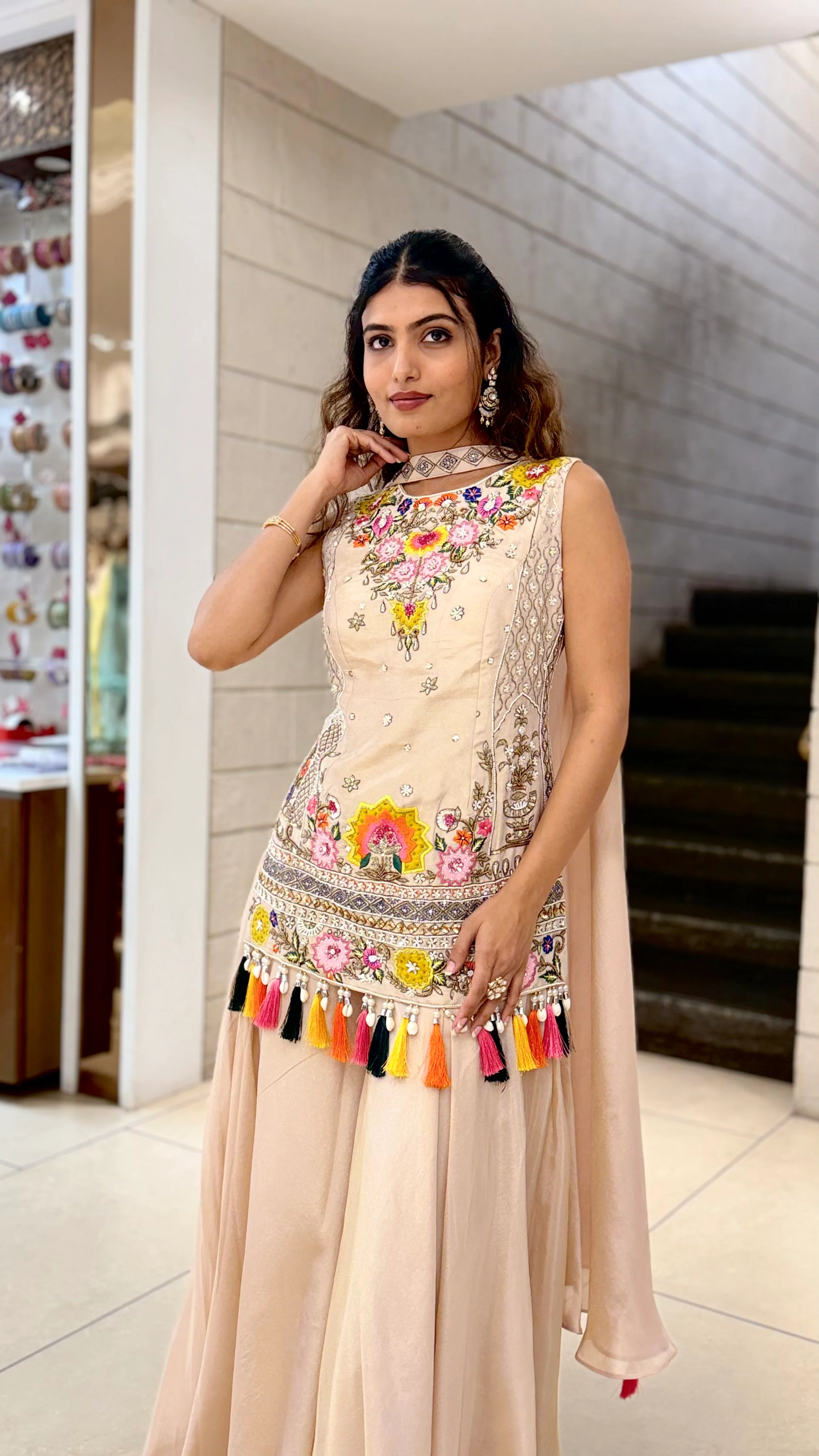 Blush Beige Embroidered Long Kurti with Palazzo Set - Image 8