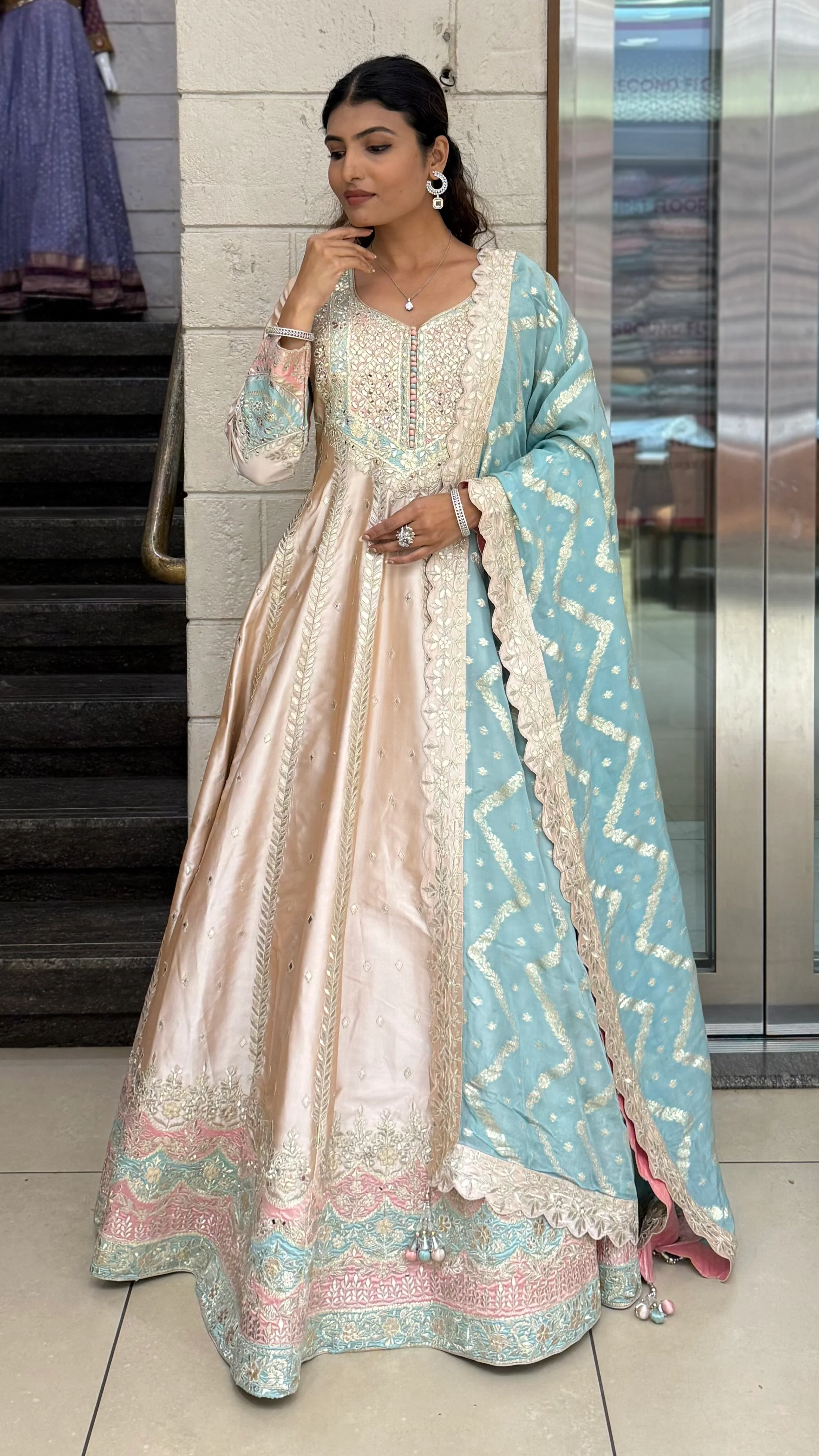 Blush Beige & Powder Blue Embroidered Designer Anarkali Gown with Dupatta - Image 3