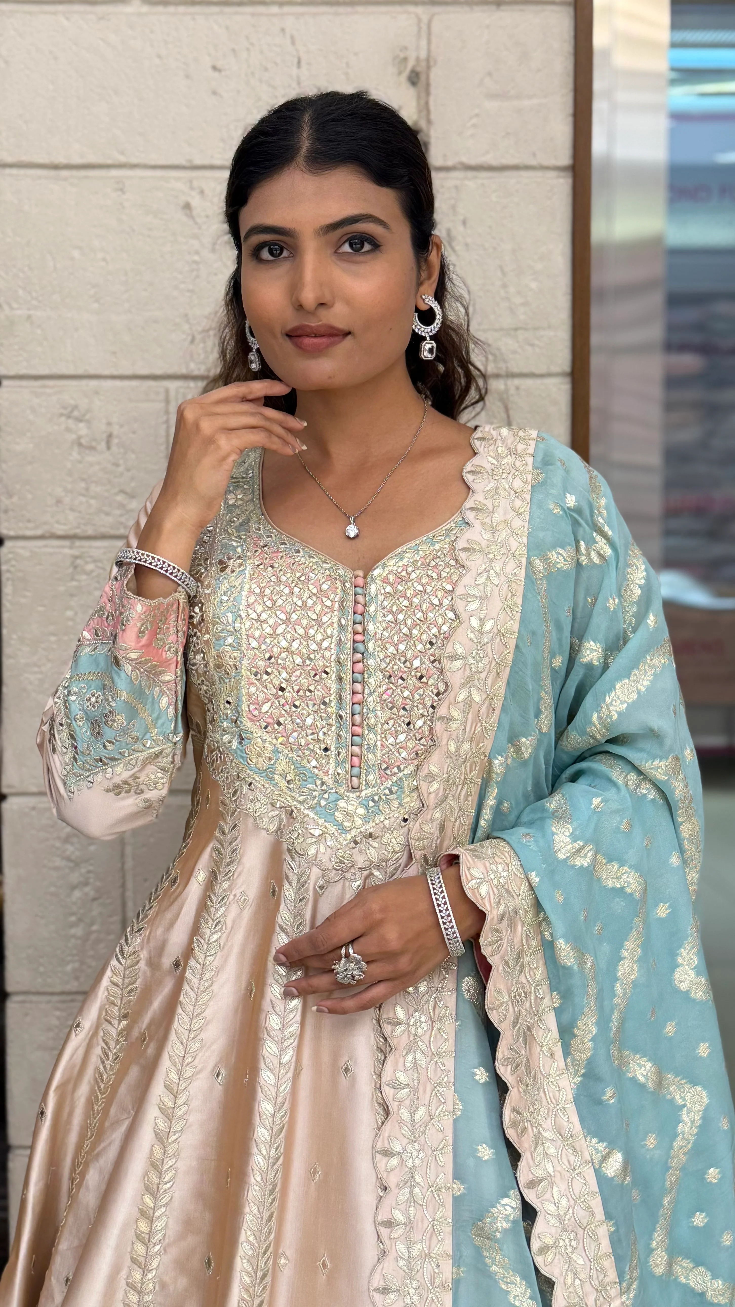 Blush Beige & Powder Blue Embroidered Designer Anarkali Gown with Dupatta - Image 4
