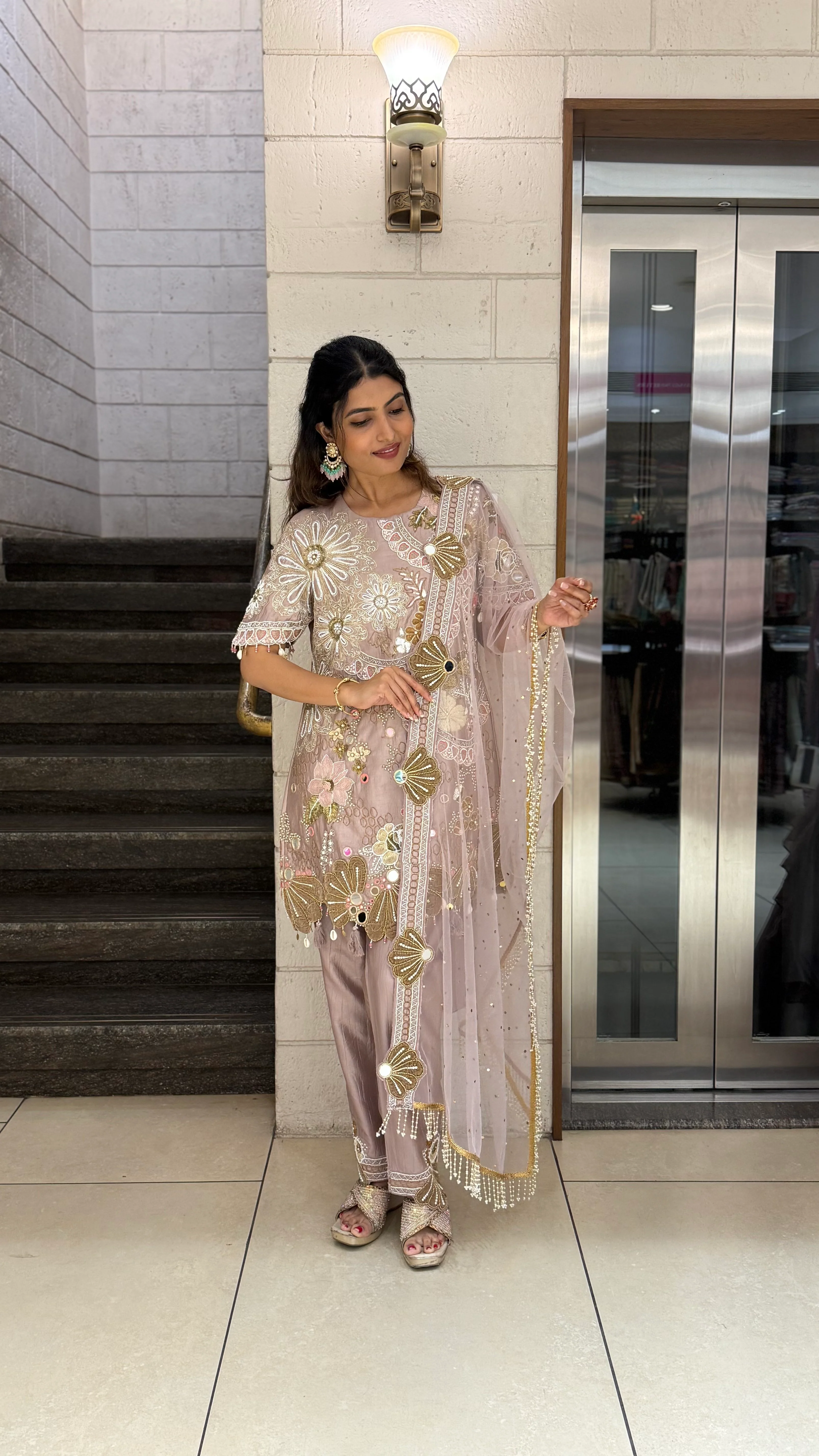 Blush Nude Designer Kurta Set with Mirror Work & Statement Floral Embroidery - Image 3