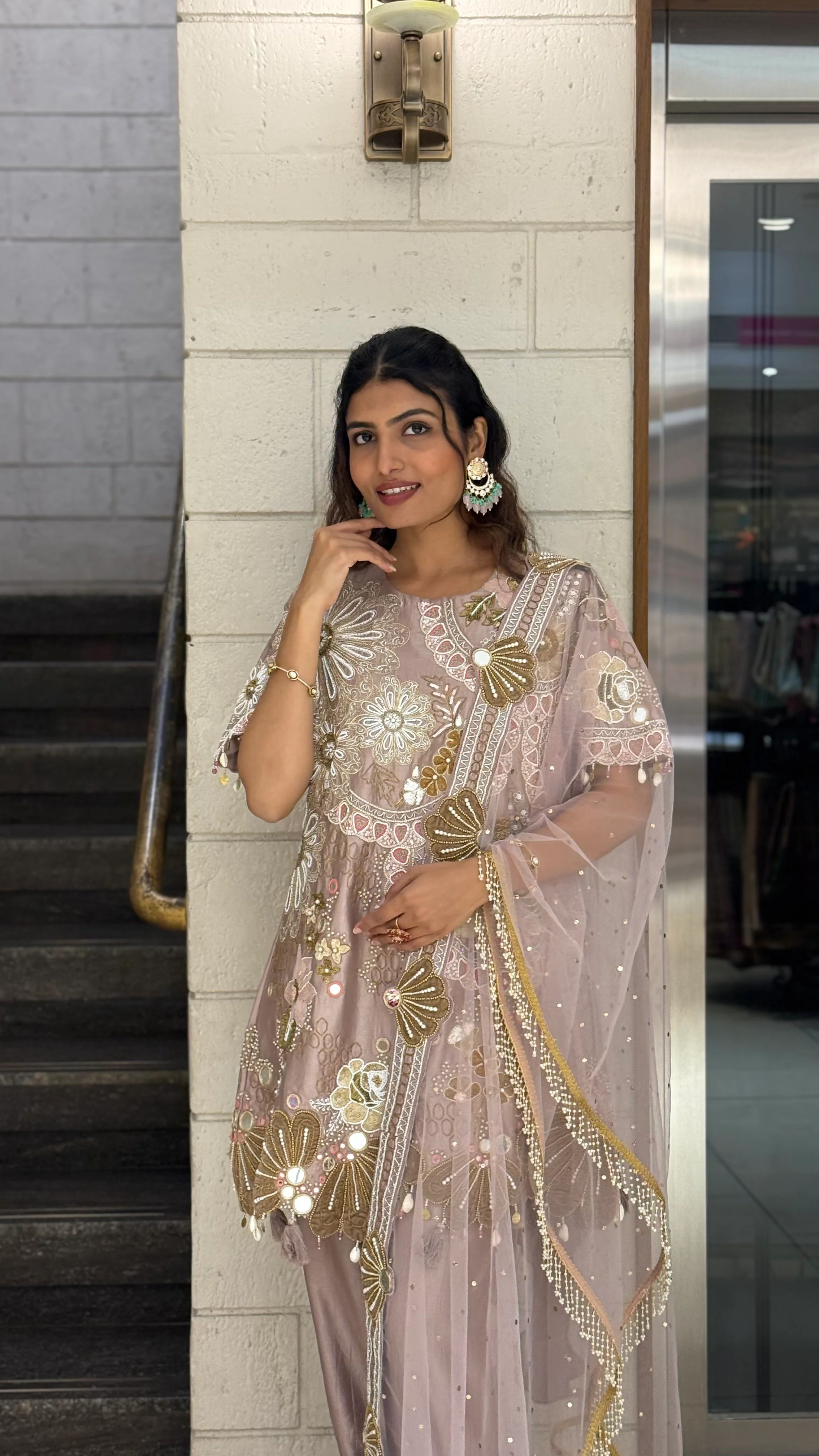 Blush Nude Designer Kurta Set with Mirror Work & Statement Floral Embroidery - Image 4