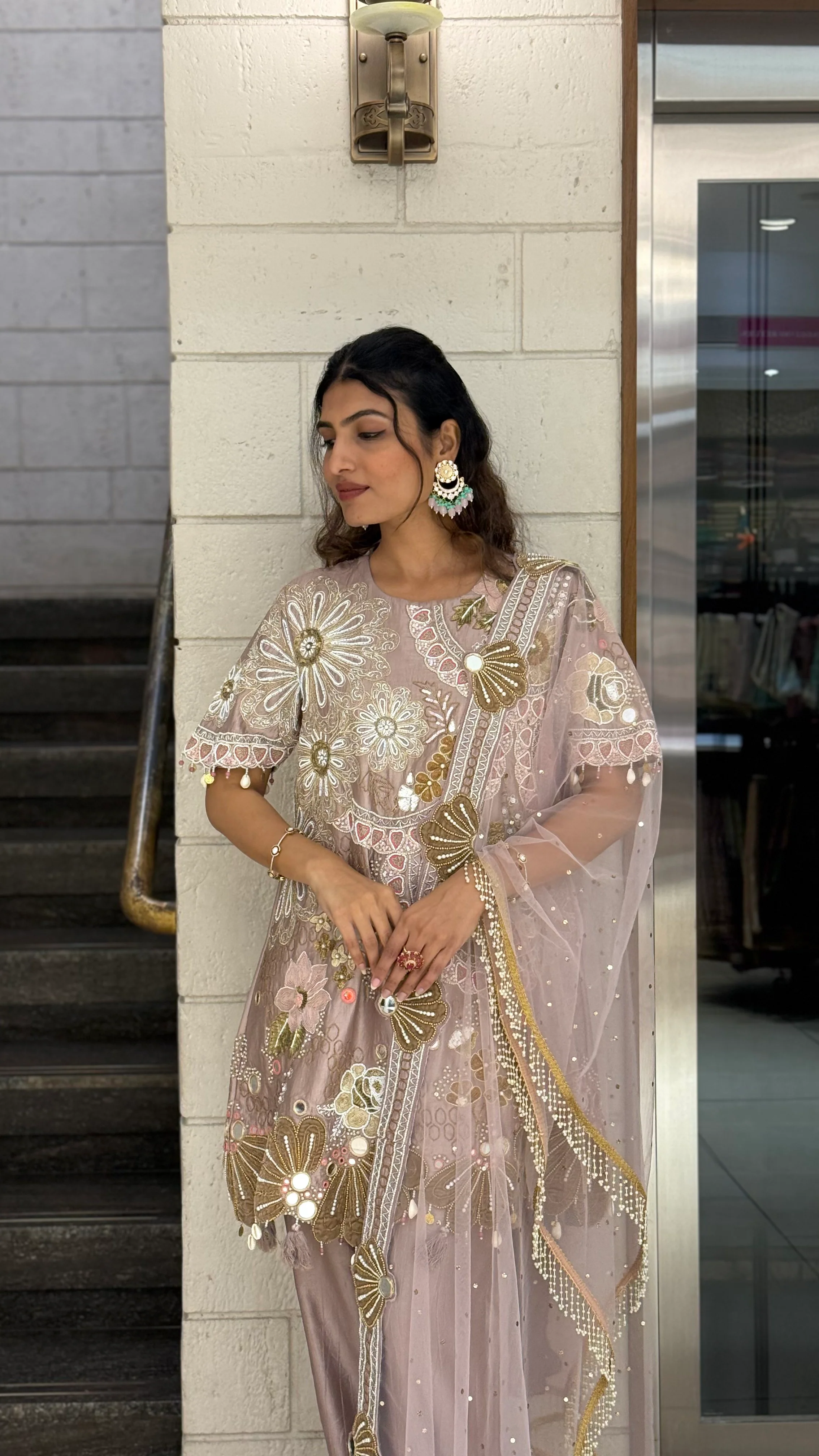 Blush Nude Designer Kurta Set with Mirror Work & Statement Floral Embroidery - Image 5