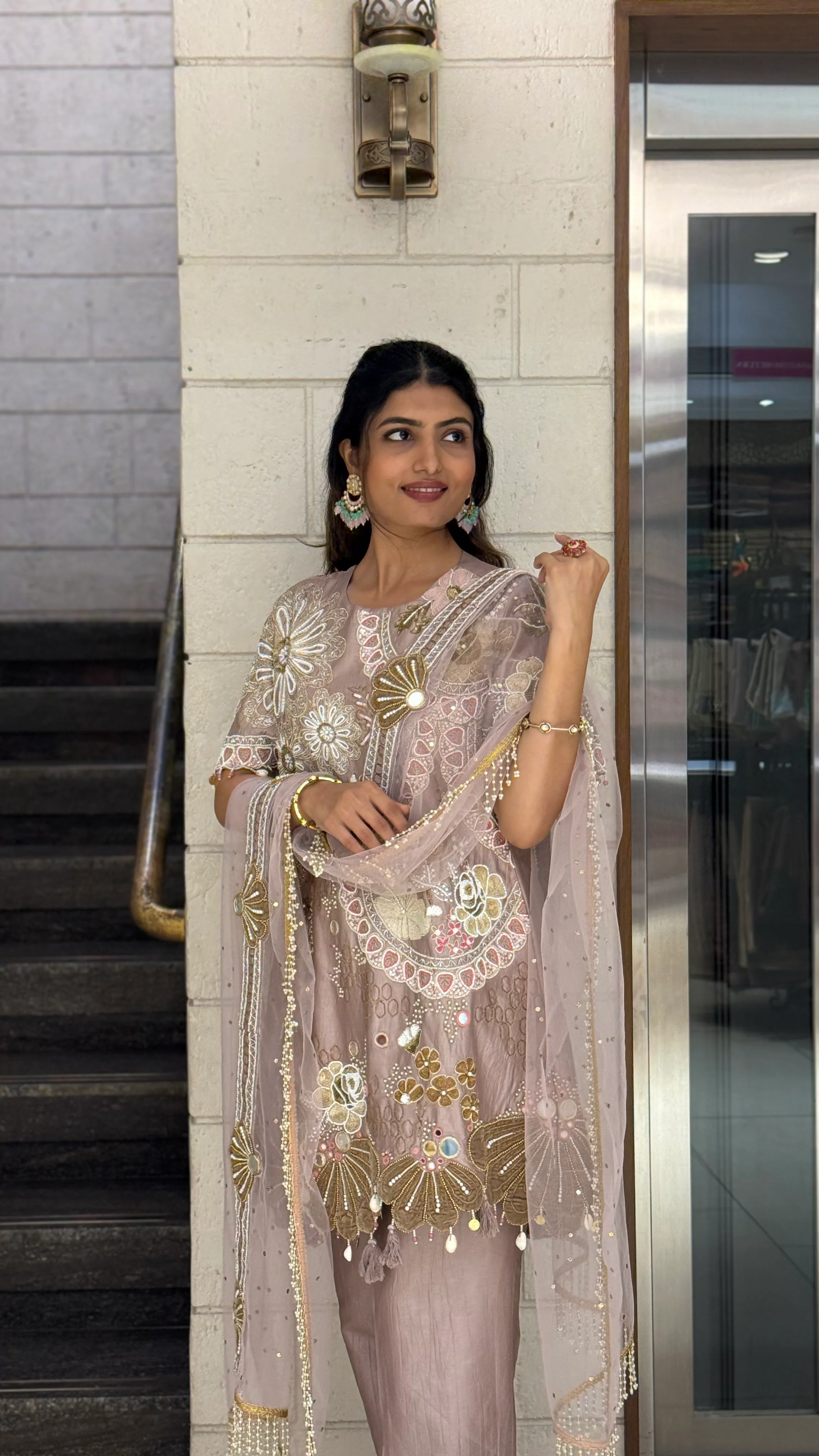 Blush Nude Designer Kurta Set with Mirror Work & Statement Floral Embroidery - Image 6