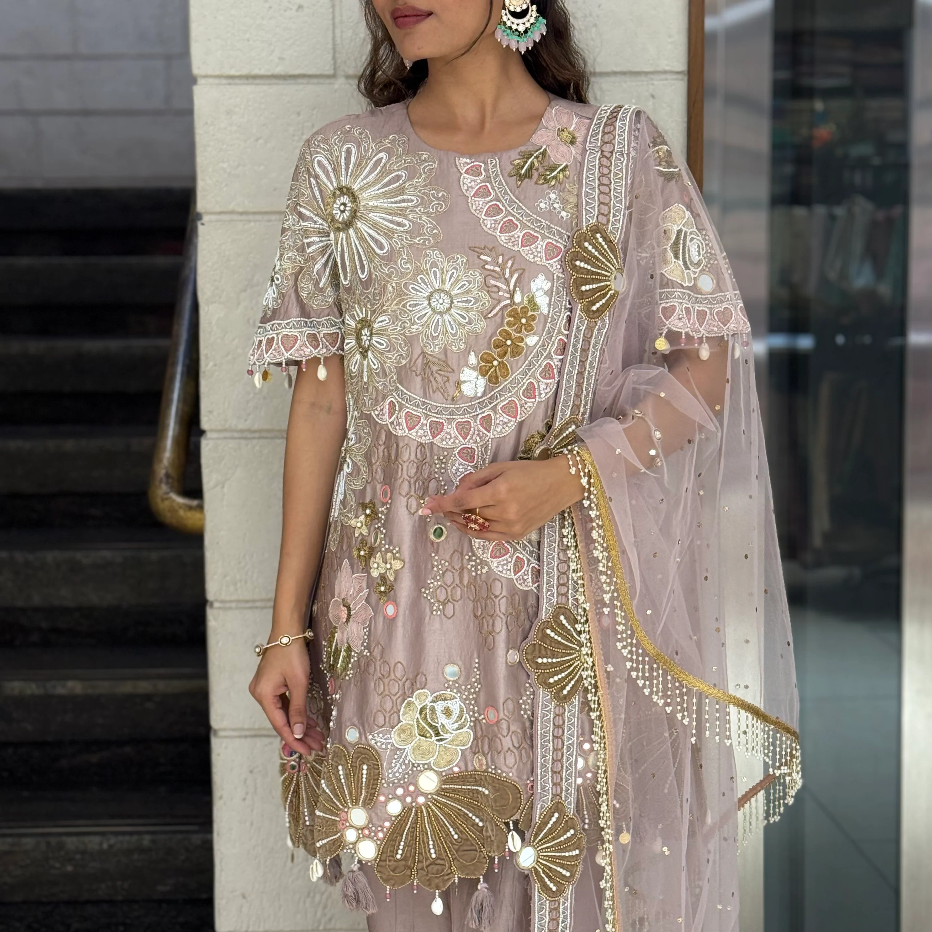 Blush Nude Designer Kurta Set with Mirror Work & Statement Floral Embroidery - Image 7