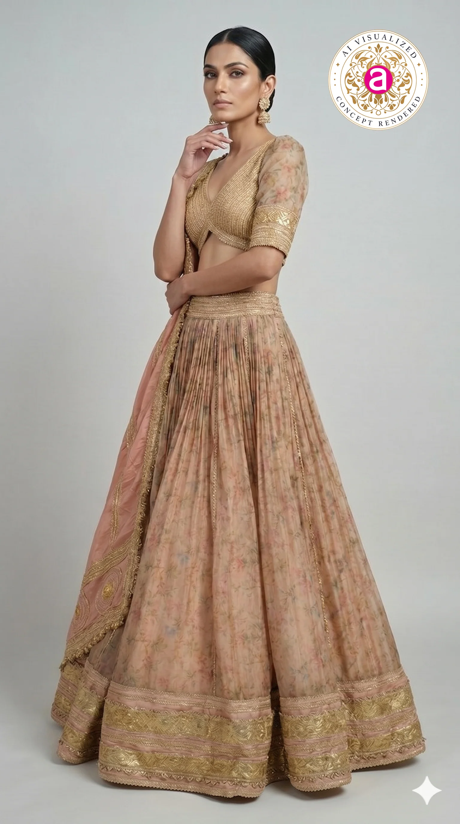Blush Peach Floral Designer Lehenga Choli with Embellished Blouse & Soft Organza Dupatta - Image 4