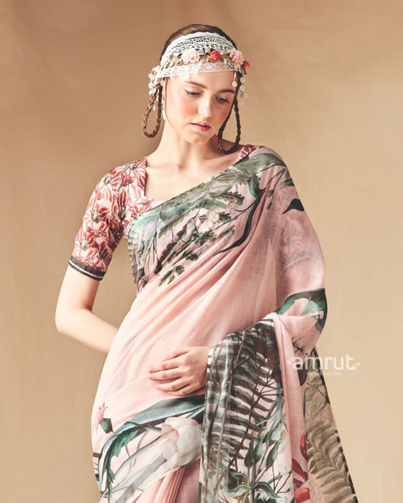 Blush Pink Abstract Printed Saree with Unstitched Blouse - Image 2
