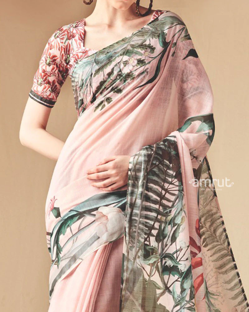 Blush Pink Abstract Printed Saree with Unstitched Blouse - Image 3
