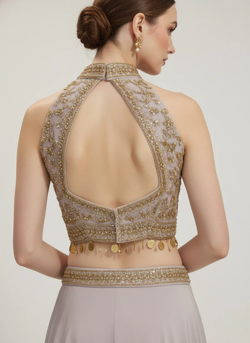 Blush Pink Crop Top Lehenga with Gold Embroidered Halter Blouse - Image 2