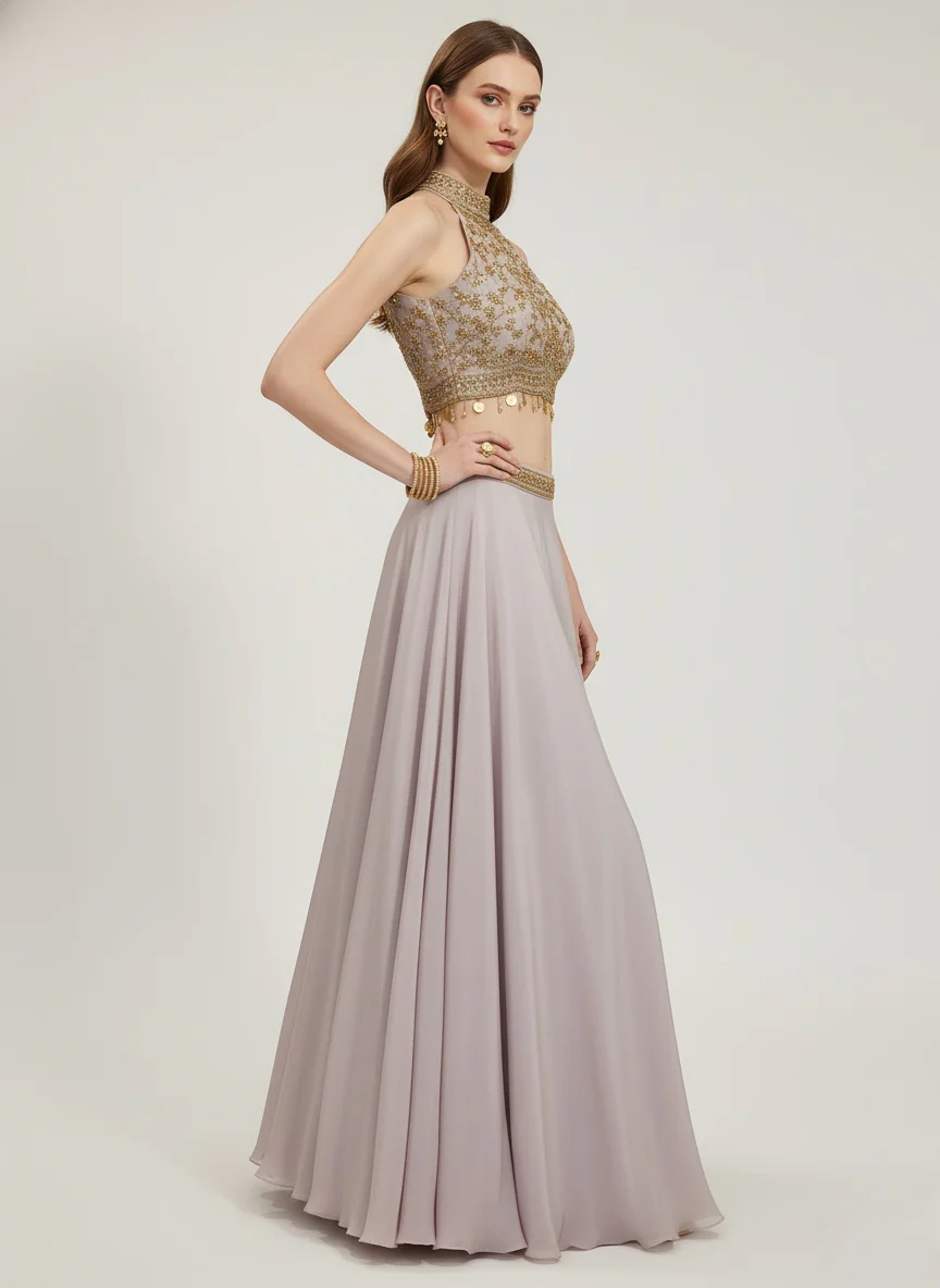 Blush Pink Crop Top Lehenga with Gold Embroidered Halter Blouse - Image 3