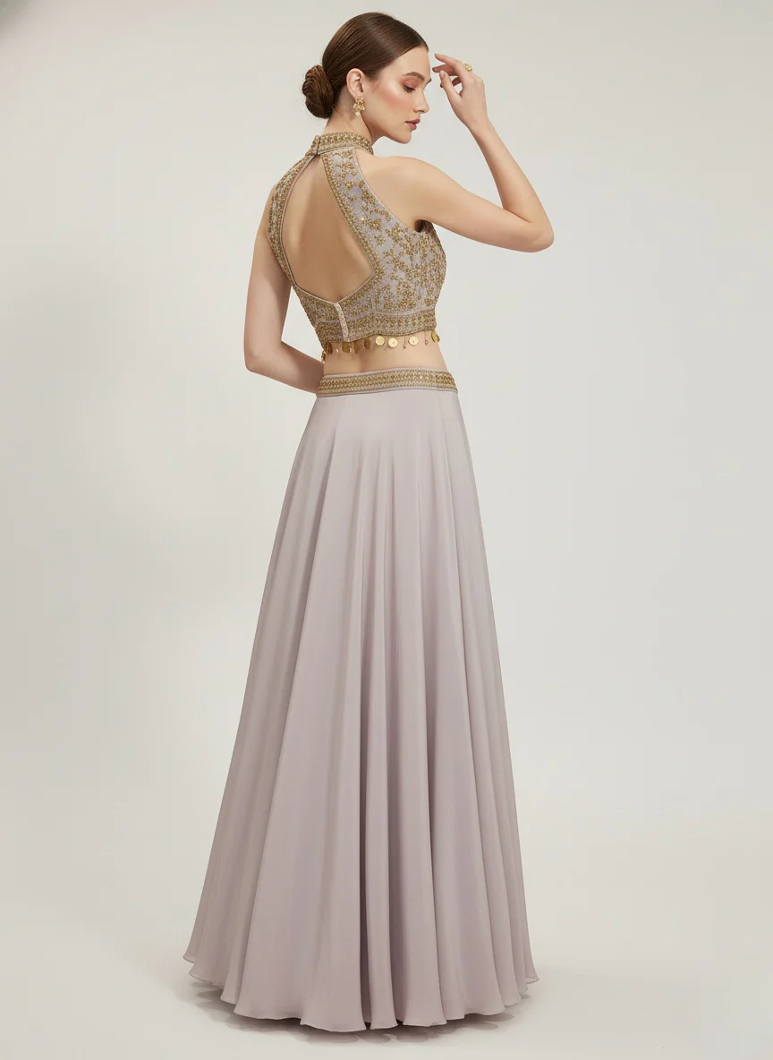 Blush Pink Crop Top Lehenga with Gold Embroidered Halter Blouse - Image 5