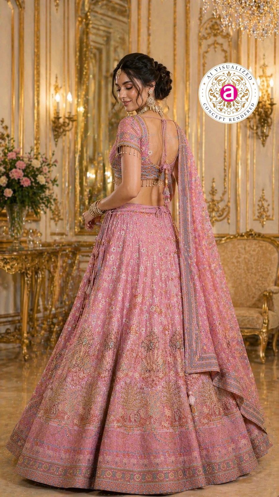 Blush Pink Designer Lehenga Set with Embellished Blouse and Dupatta - Image 2