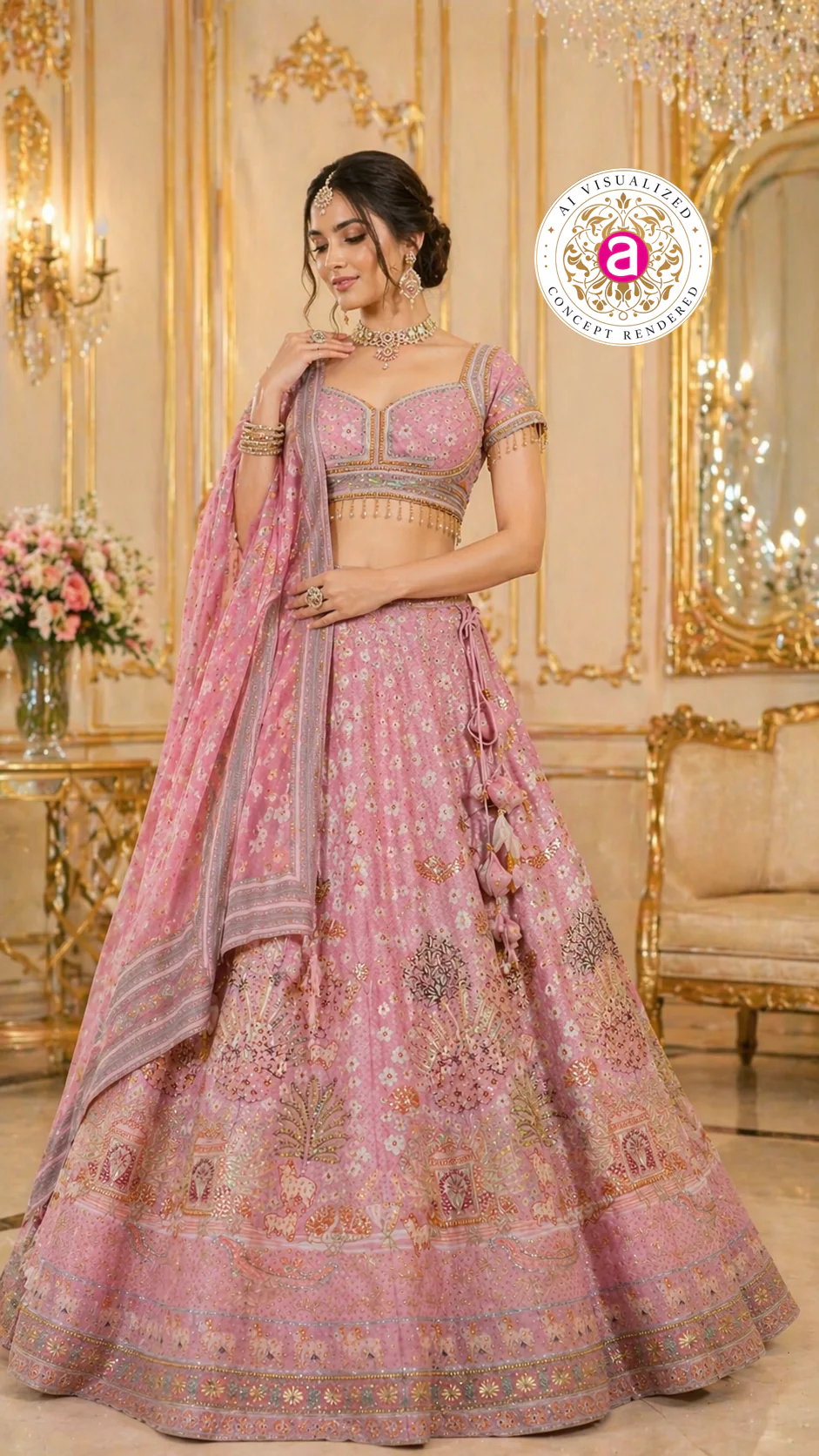 Blush Pink Designer Lehenga Set with Embellished Blouse and Dupatta - Image 3