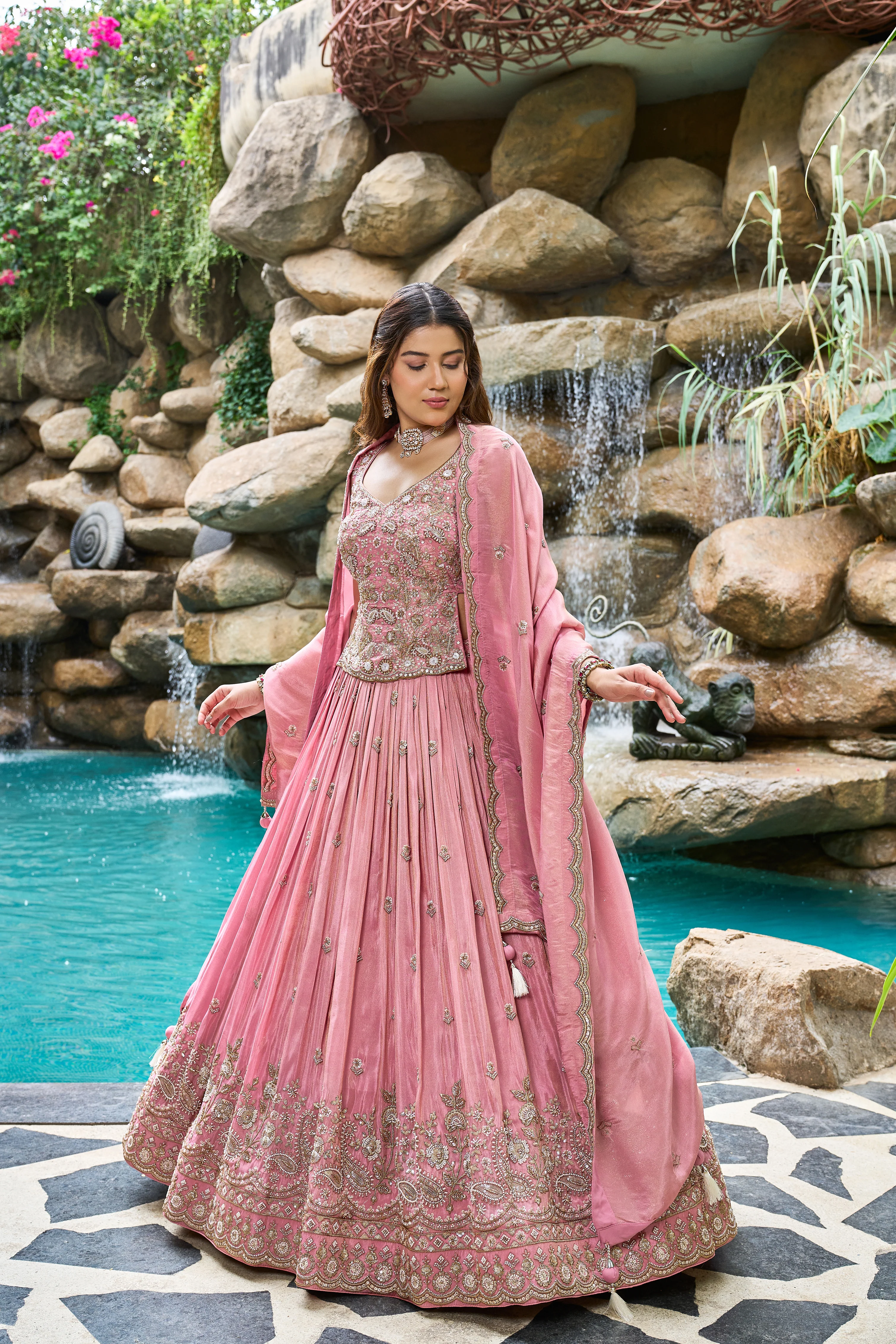 Blush Pink Designer Lehenga Set with Embroidered Blouse & Heavy Border Dupatta - Image 3